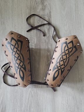 Brown Faux Leather Medieval Viking Embossed Bracer Pair - Fantasy Accessory